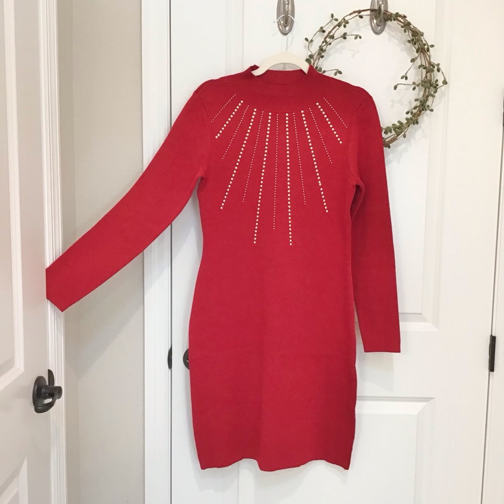 Nina Leonard Red/Gold Studded Dress Size M, EUC - Picture 2 of 6